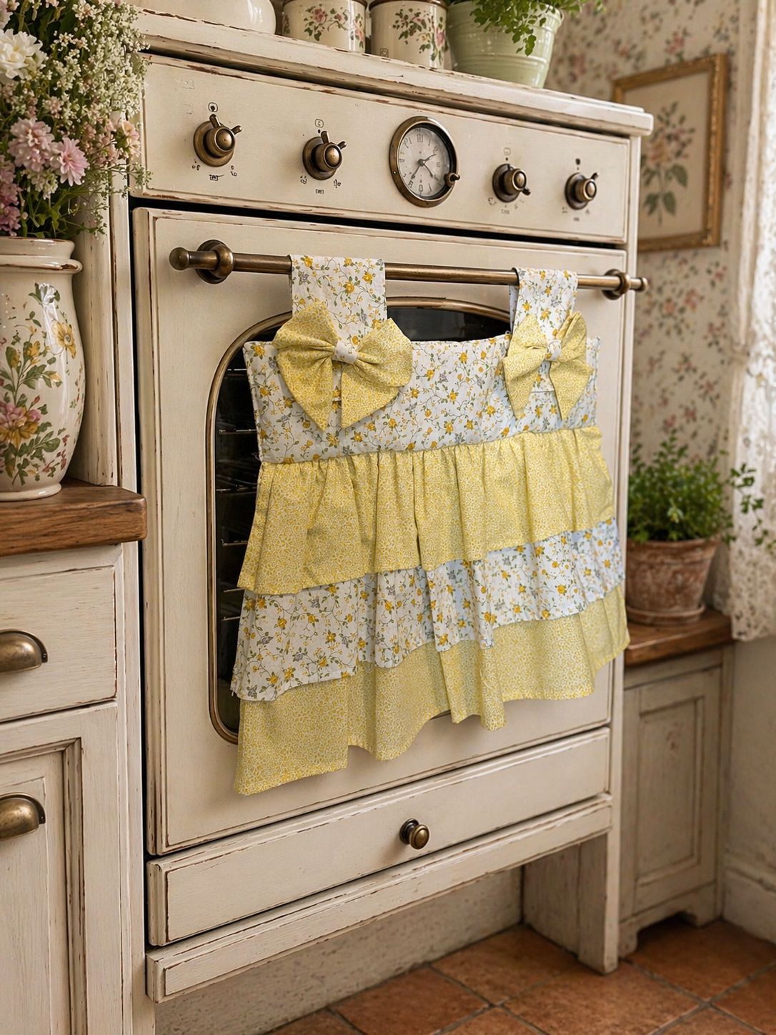 Copriforno sartoriale in puro cotone giallo a fiorellini - 38x42 cm +7 cm di fettuccia - Il cotone di Nina